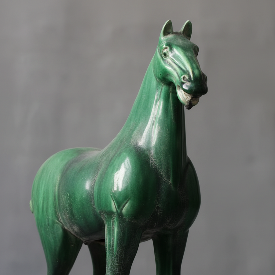 Terracotta Large Glazed Horse Statue - Emerald Green Finish