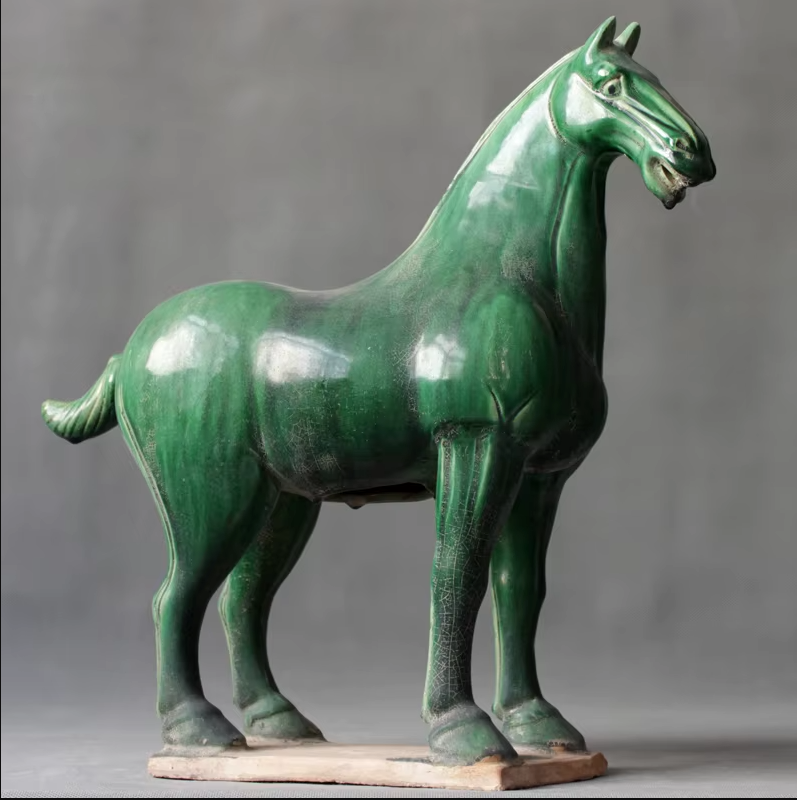 Terracotta Large Glazed Horse Statue - Emerald Green Finish