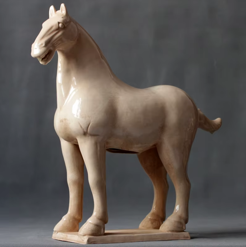 Large Glazed Terracotta Horse Statue - Beige Finish