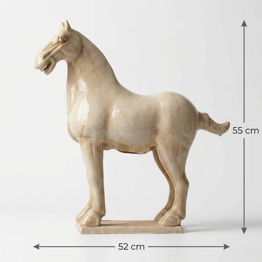 Large Glazed Terracotta Horse Statue - Beige Finish