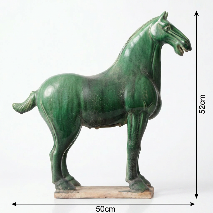 Terracotta Large Glazed Horse Statue - Emerald Green Finish