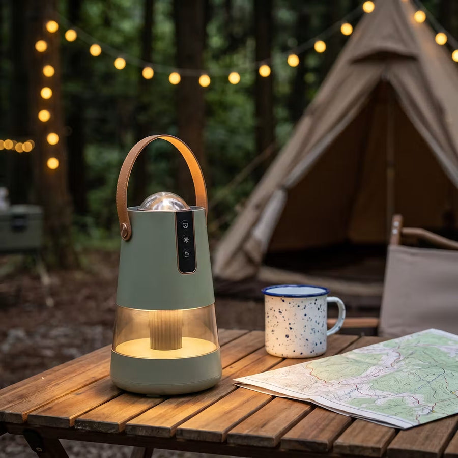 Aura Mosquito Shield light in green at a campsite