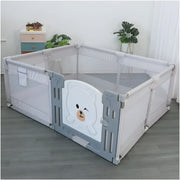 Baby play yard set up in a modern lounge