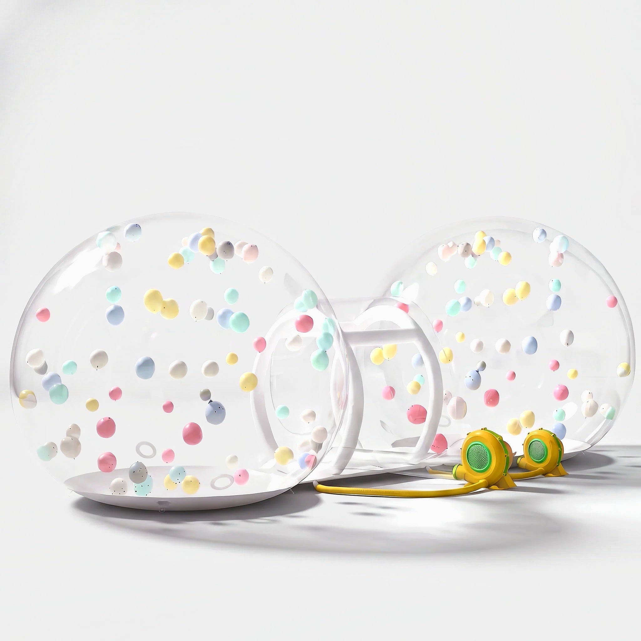 6.2m double inflatable bubble house with twin blowers on a light grey background