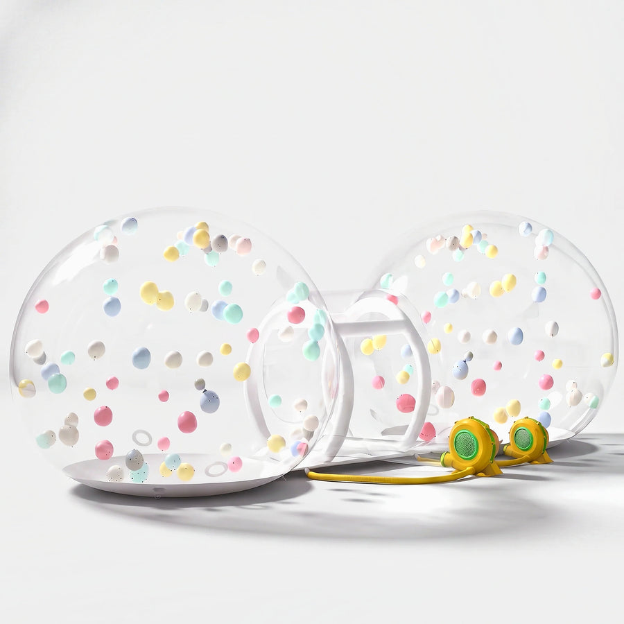 6.2m double inflatable bubble house with twin blowers on a light grey background