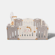 Dino Den Playpen Large 228 x 196 cm, front view with dinosaur gate panel and cloud basketball hoop