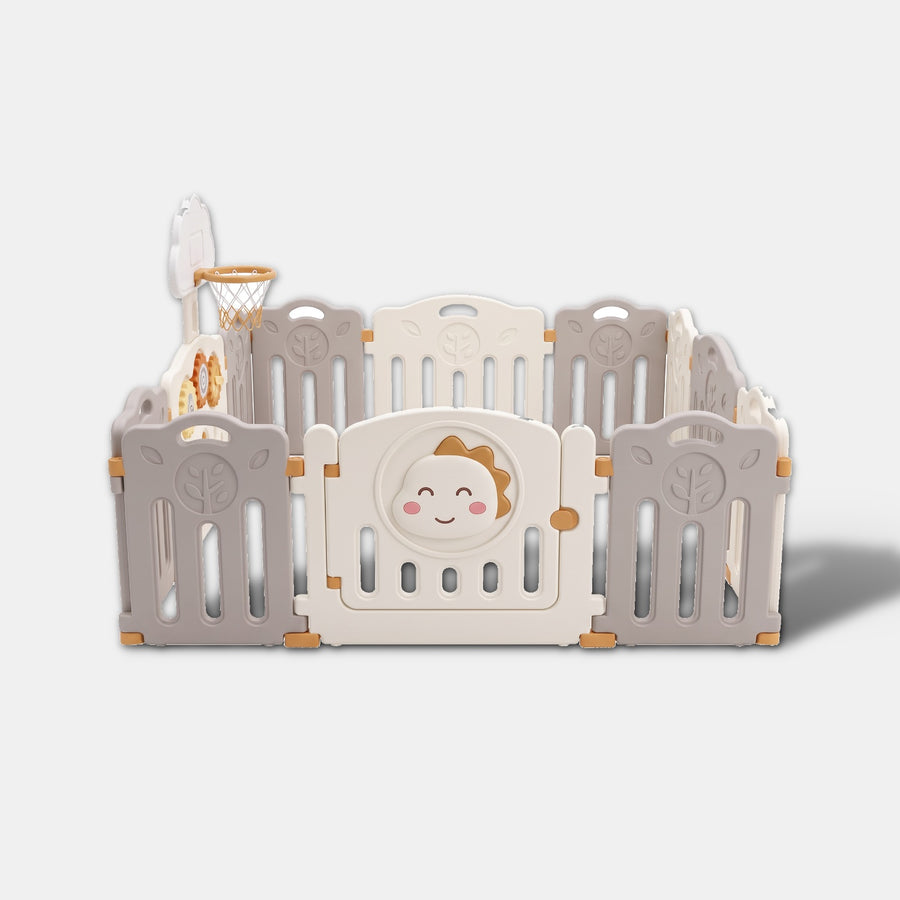 Dino Den Playpen Large 228 x 196 cm, front view with dinosaur gate panel and cloud basketball hoop
