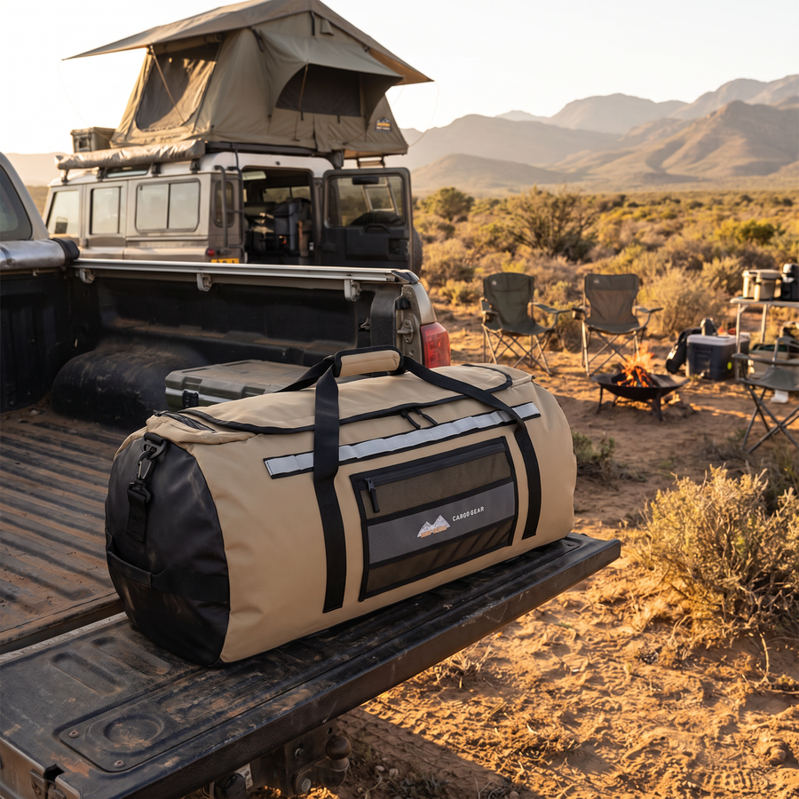 San Hima 110L duffel bag on a 4x4 tailgate at a Karoo campsite