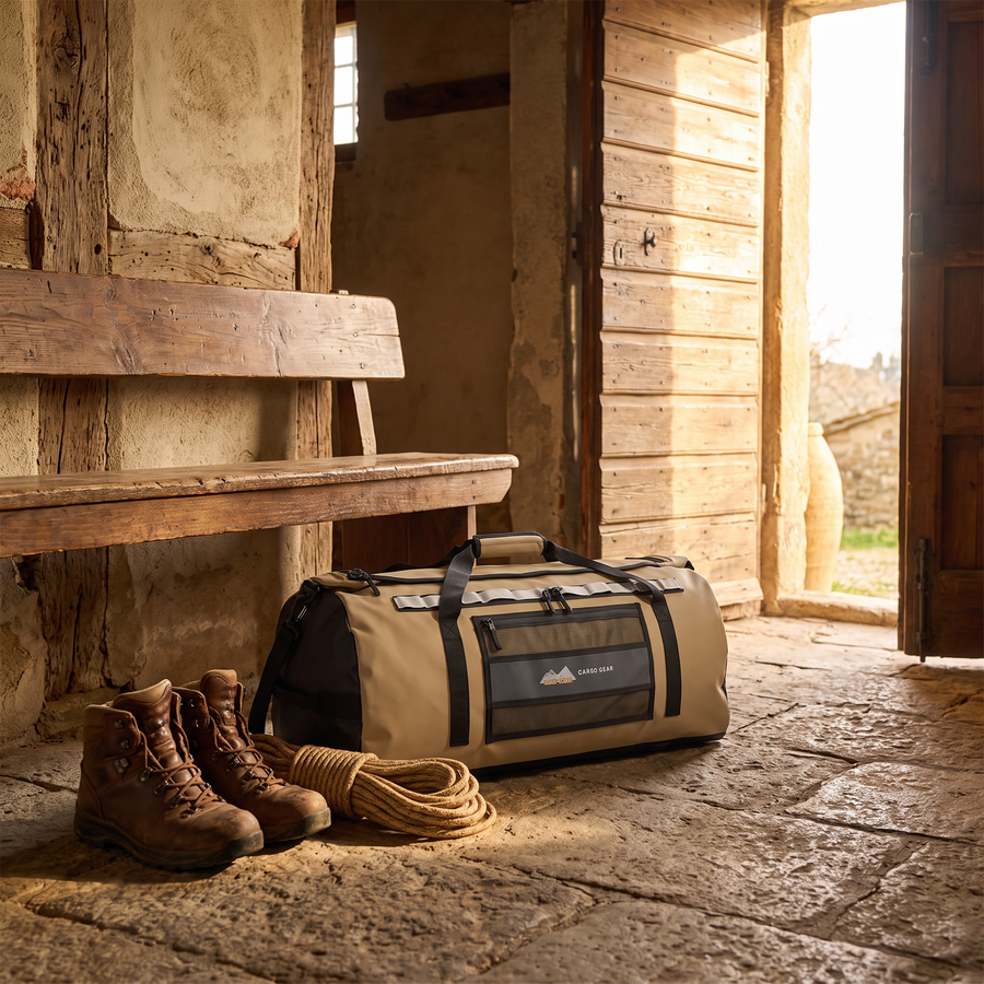 San Hima 110L duffel bag in a Tuscan farmhouse entrance