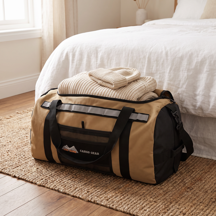 San Hima 50L duffel bag packed in a cottage bedroom