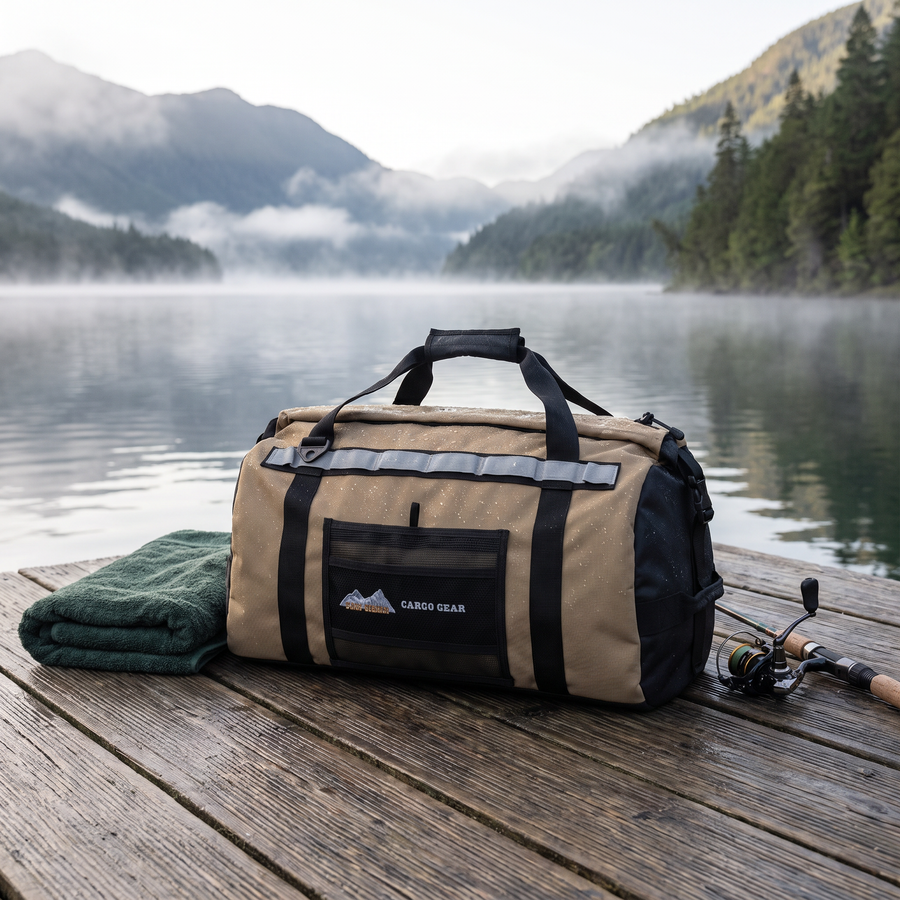 San Hima 50L duffel bag on a lake jetty