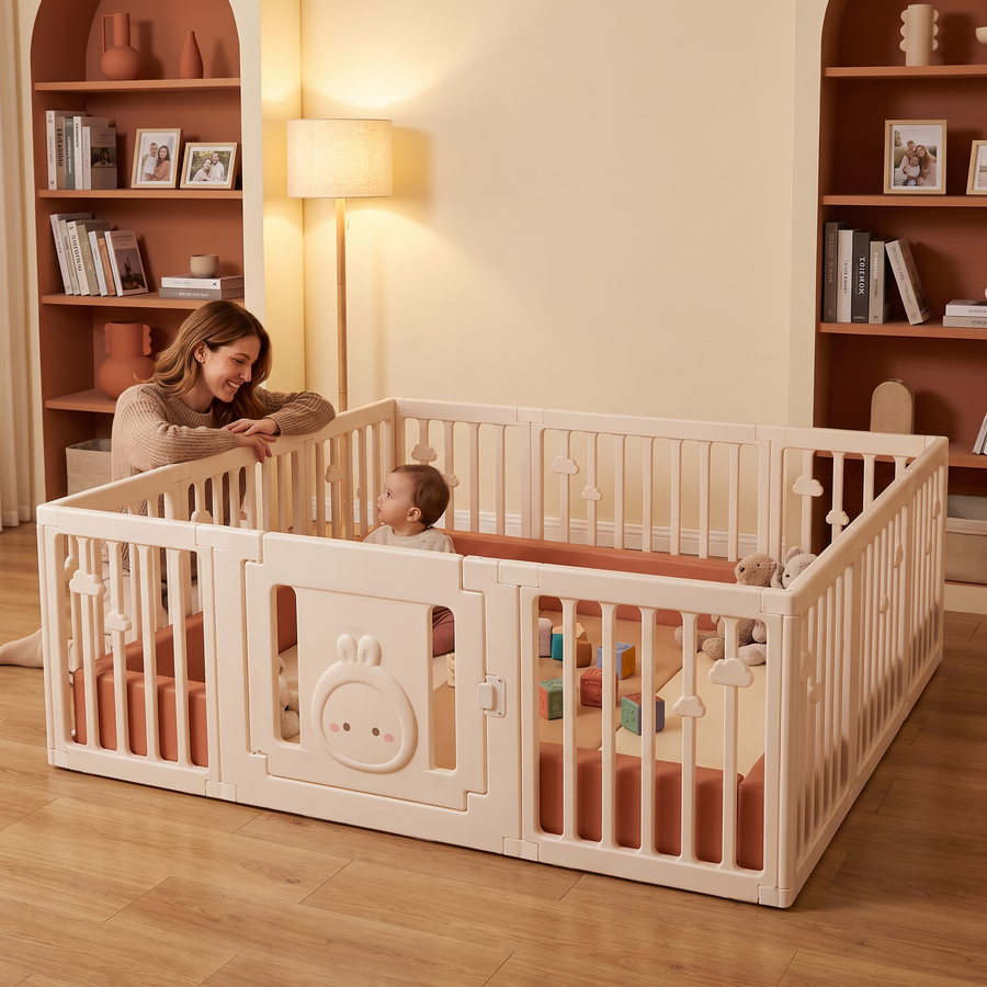 Mom with her baby at the Little Rabbit Playpen in a cosy family room