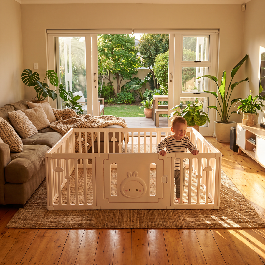 Little Rabbit Playpen in a warm family lounge with a toddler standing inside