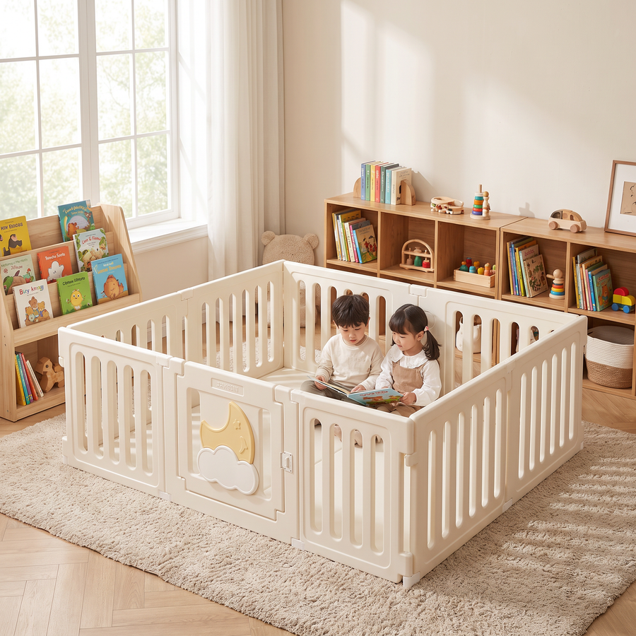 Two siblings reading inside the Little Moon Playpen in a warm playroom