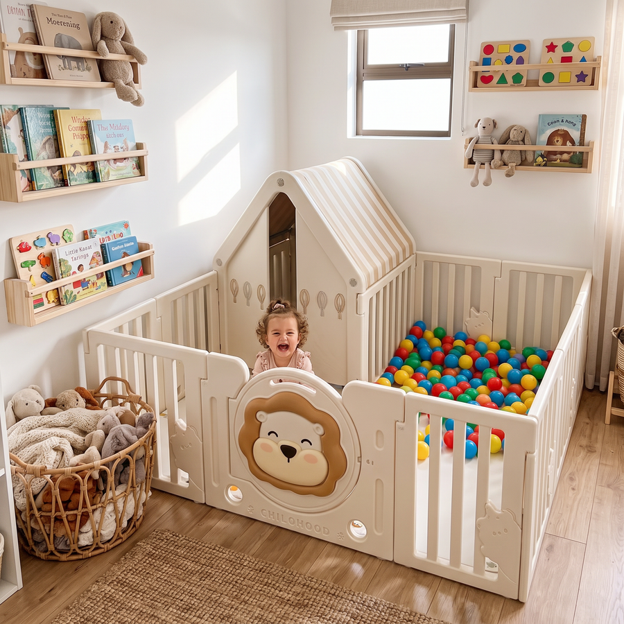 Toddler peeking out of the Little Lion Playpen playhouse in a cosy playroom