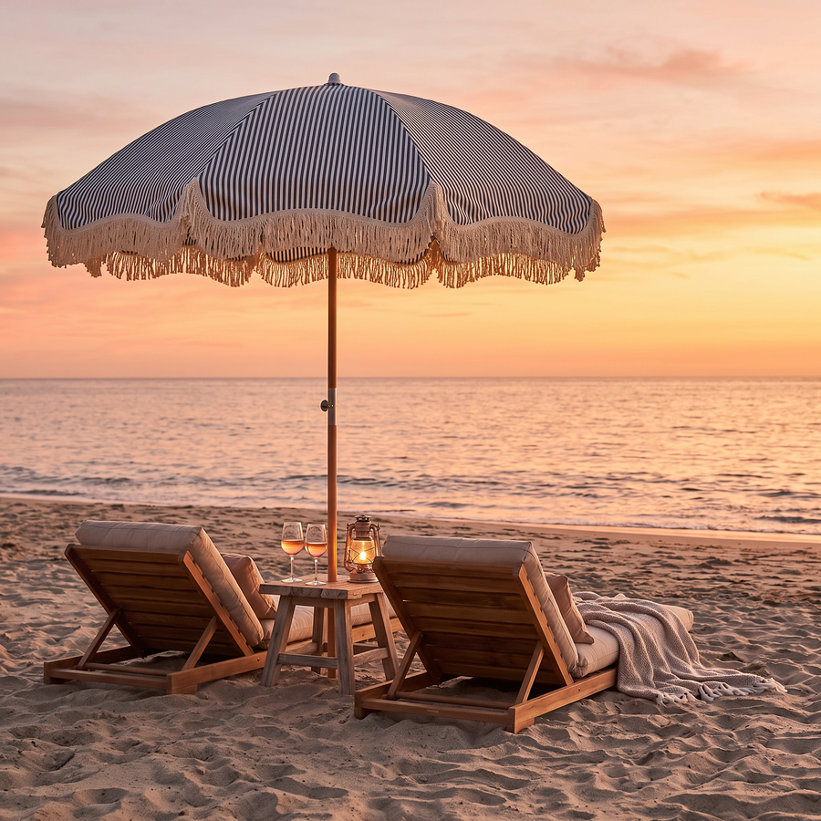 Betty's beach umbrella over two beach chairs at sunset with rose and a lantern