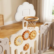 Dino Den Playpen close-up - spinner gears on the activity panel and the cloud basketball hoop