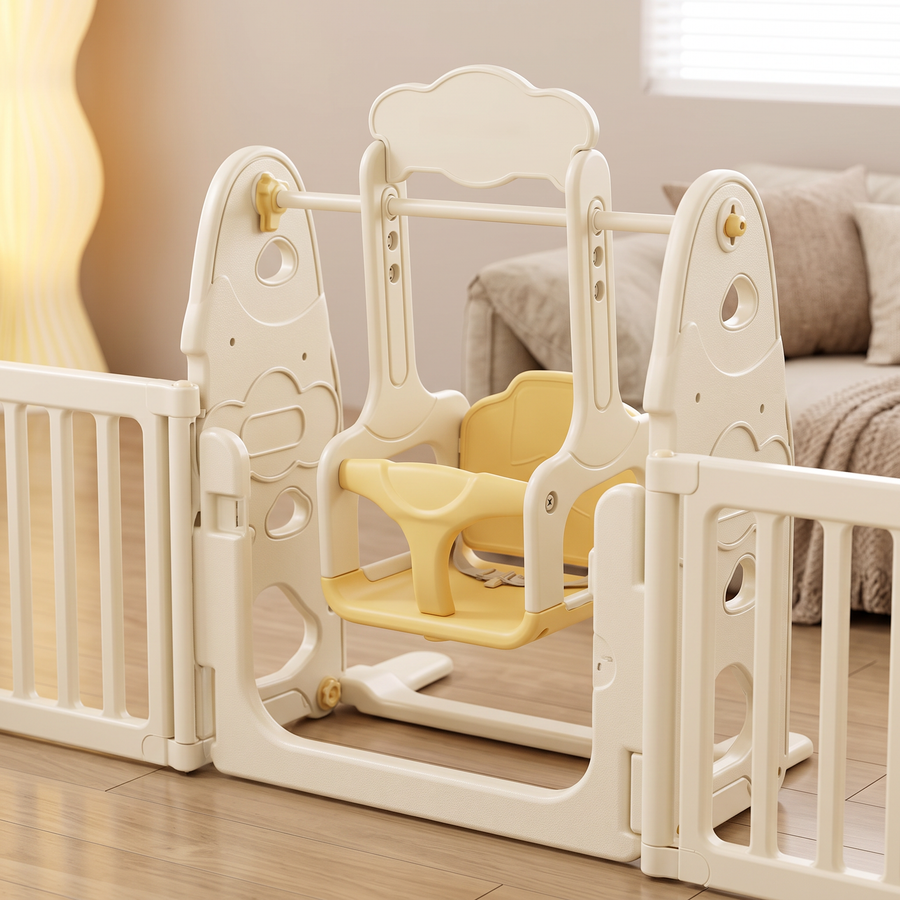 Close-up of the swing corner with yellow seat on the Little Rainbow Playpen