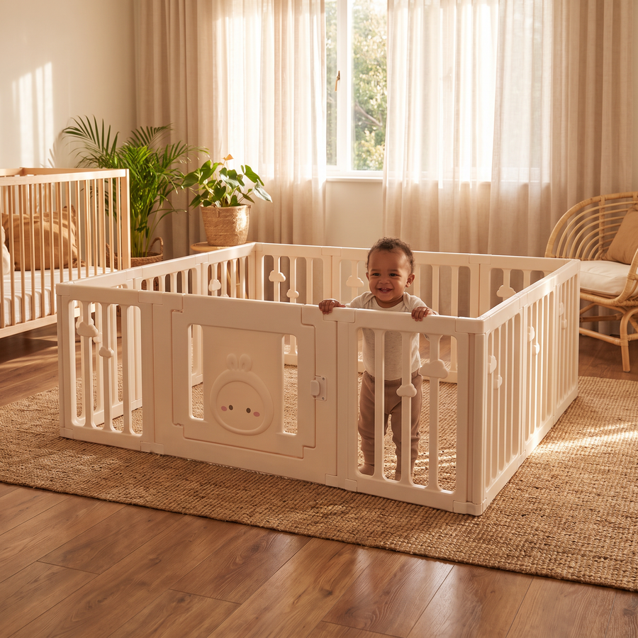 Toddler standing in the Little Rabbit Playpen in a warm family nursery