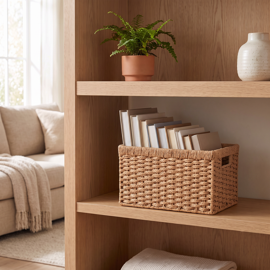 Woven wicker storage basket with books on a light oak bookshelf