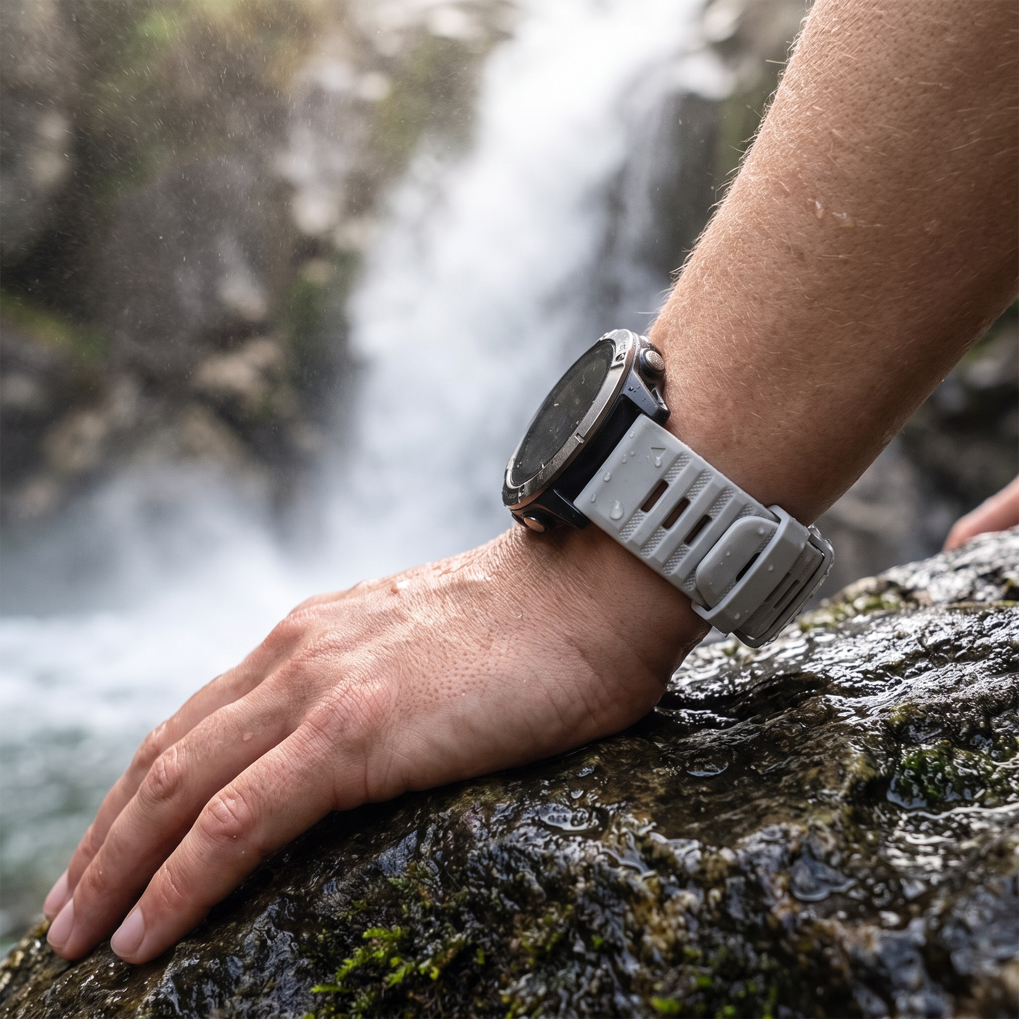 Deadtree Summit strap at a waterfall