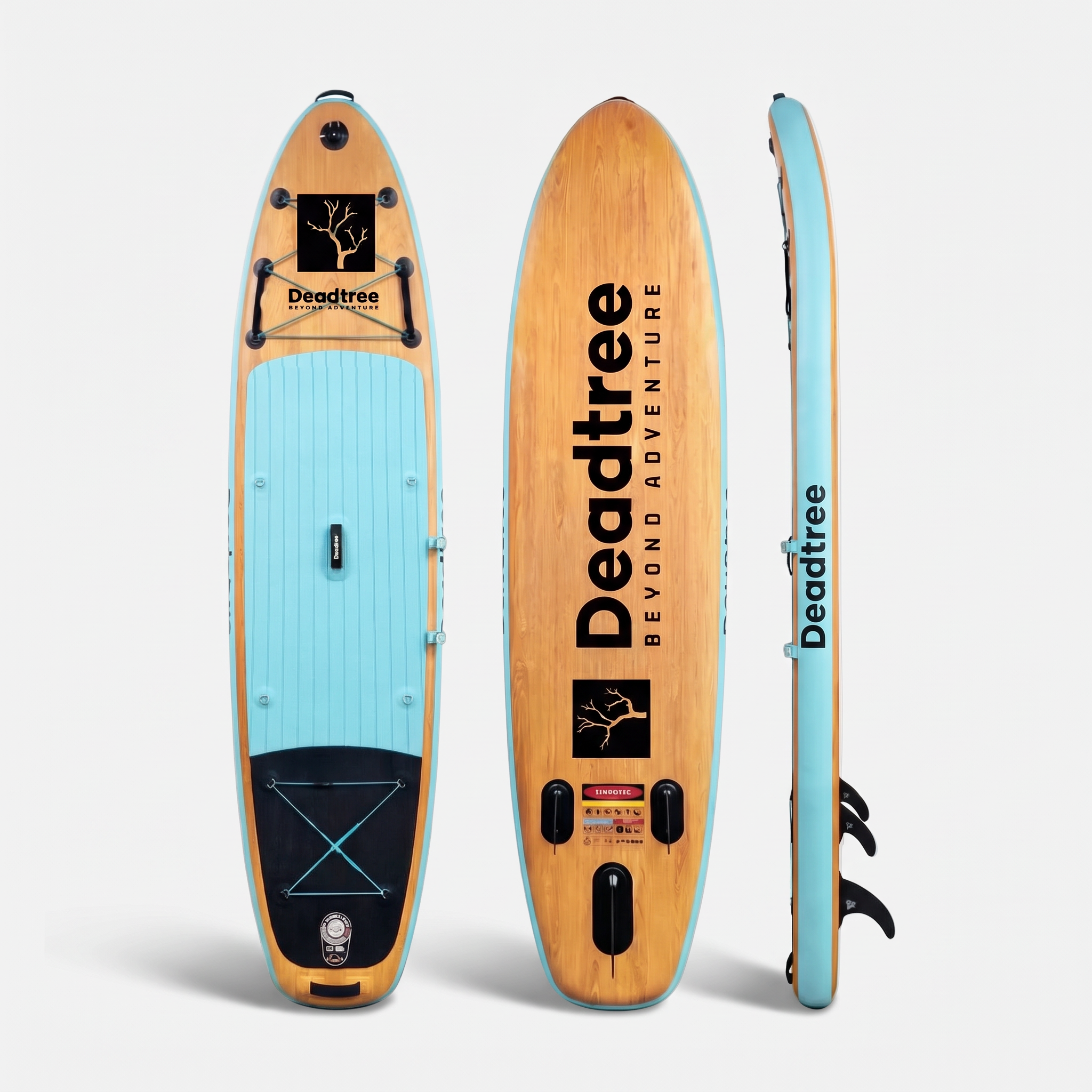 Deadtree Wave Glide inflatable SUP deck, bottom and side views on a grey studio background