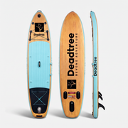 Deadtree Wave Glide inflatable SUP deck, bottom and side views on a grey studio background