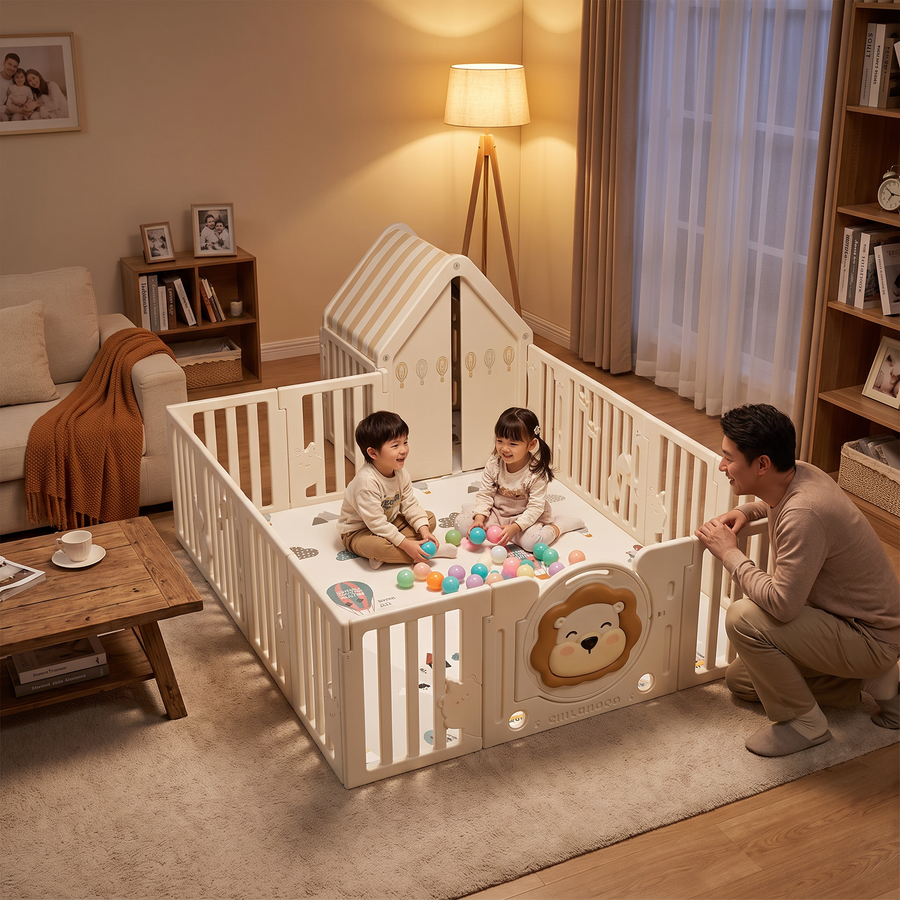 Siblings playing inside the Little Lion Playpen in a warm family lounge