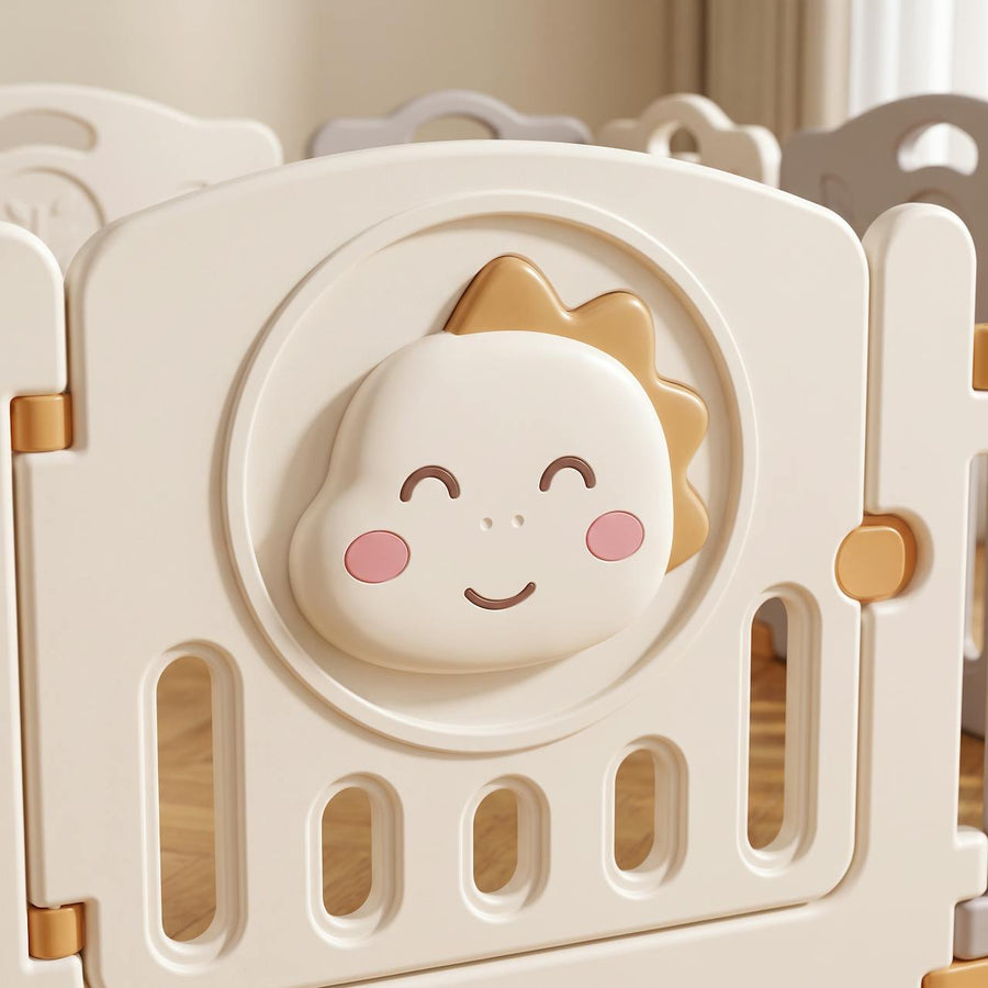 Dino Den Playpen close-up - moulded baby dinosaur face on the gate panel
