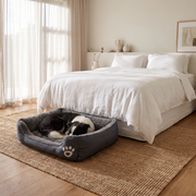 Border Collie curled up on the Pet Nest Dog Bed at the foot of the bed