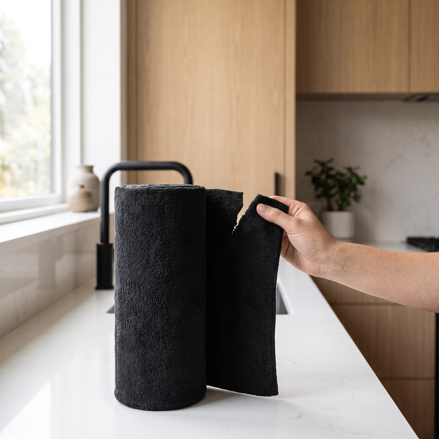 Tearing a black microfibre cloth off the roll in a modern kitchen
