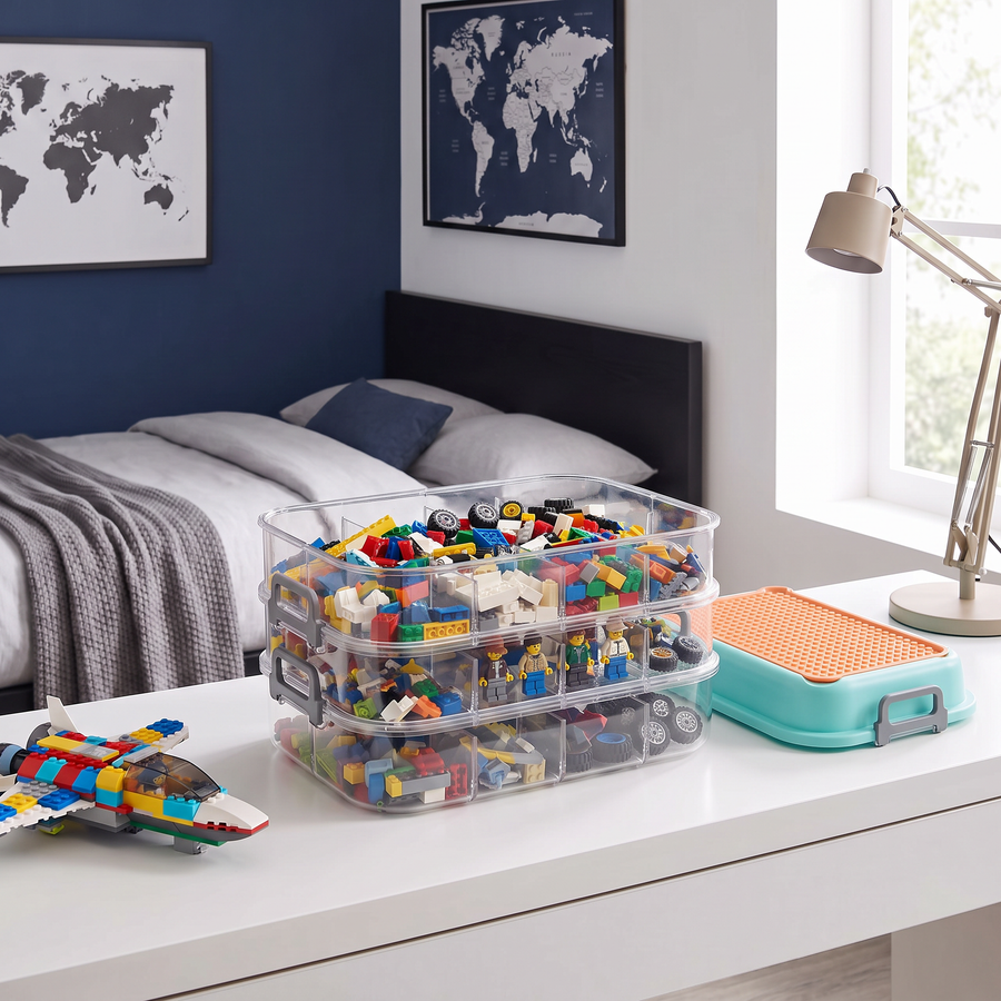 Multi stackable 3 layer block organizer open on a desk in a modern boys bedroom