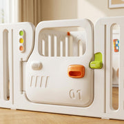 Dream Car Playpen close-up - car door gate with window, orange push handle, green safety latch and traffic light panel