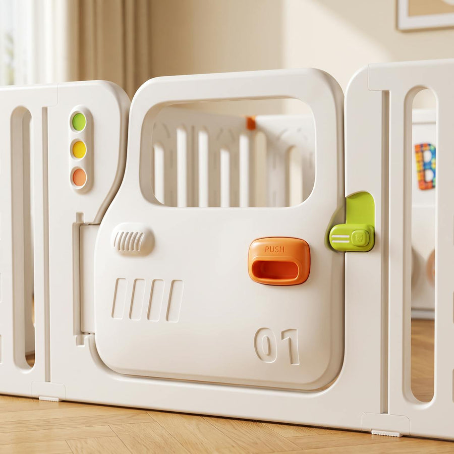 Dream Car Playpen close-up - car door gate with window, orange push handle, green safety latch and traffic light panel