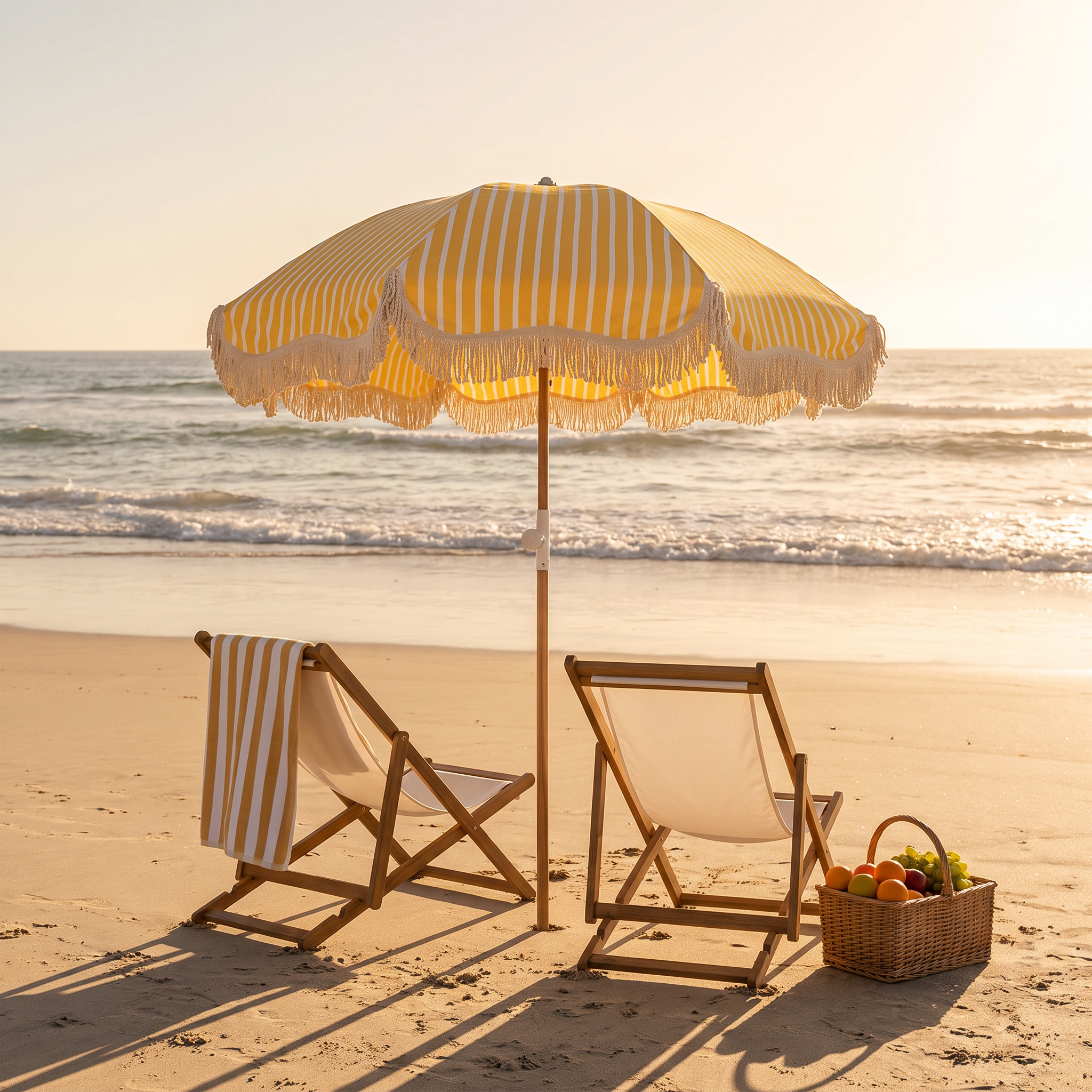 Yellow Monaco beach umbrella over two beach chairs at golden hour