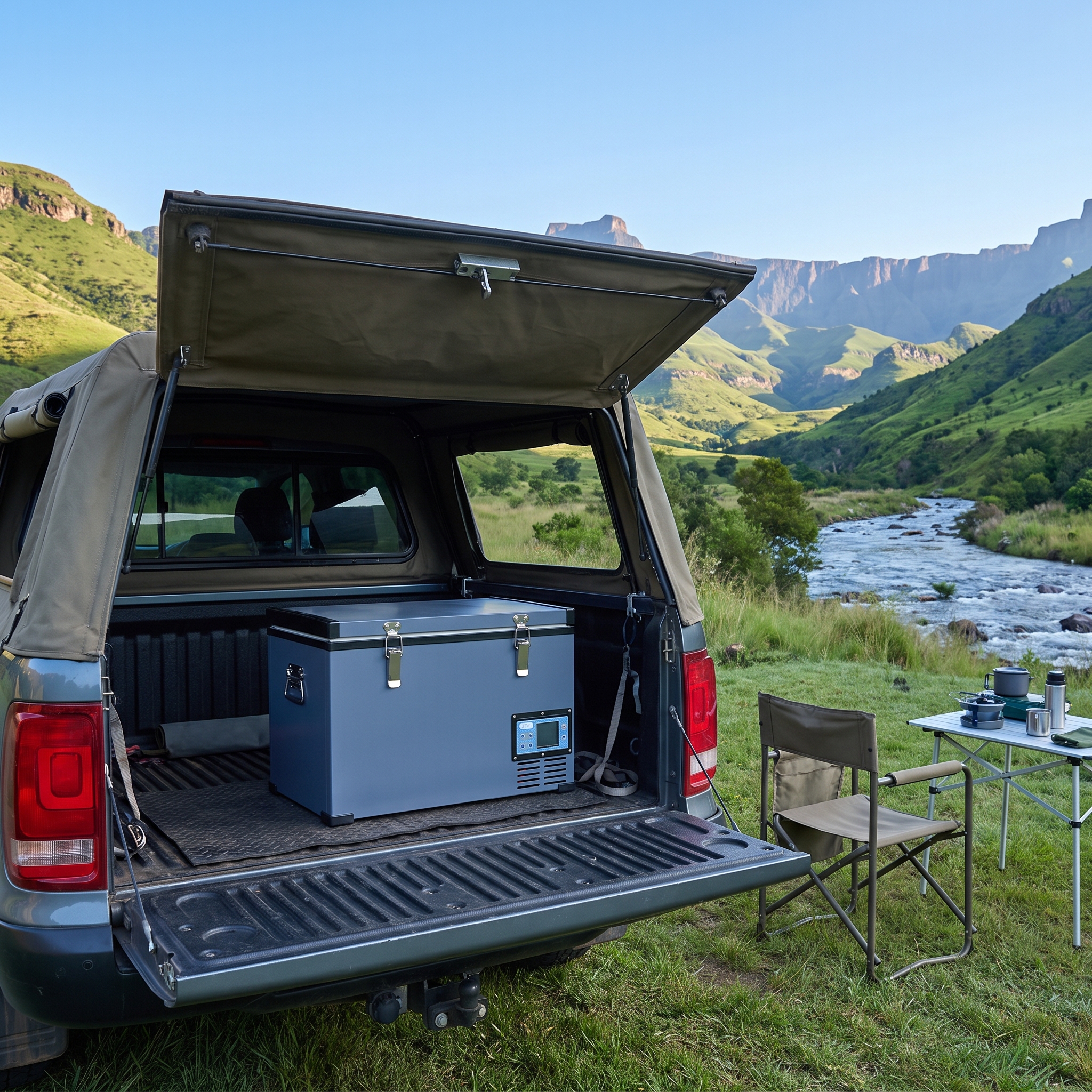 Deadtree Glacier 60L fridge in a 4x4 canopy in the Drakensberg