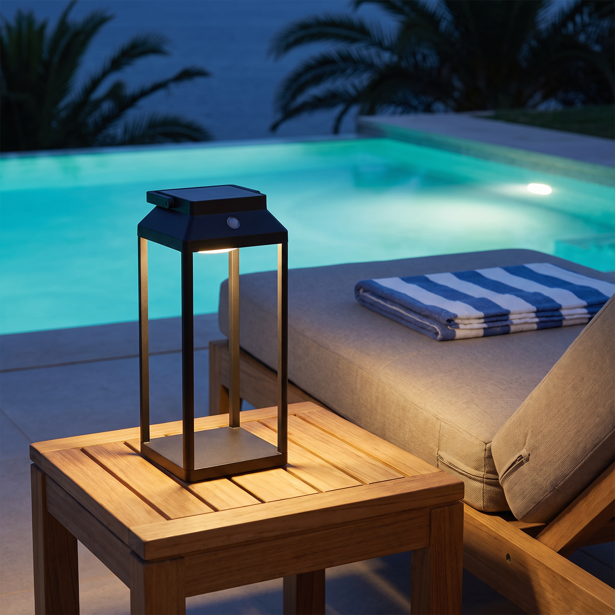 Black LunaShine solar lantern on a side table by the pool at twilight