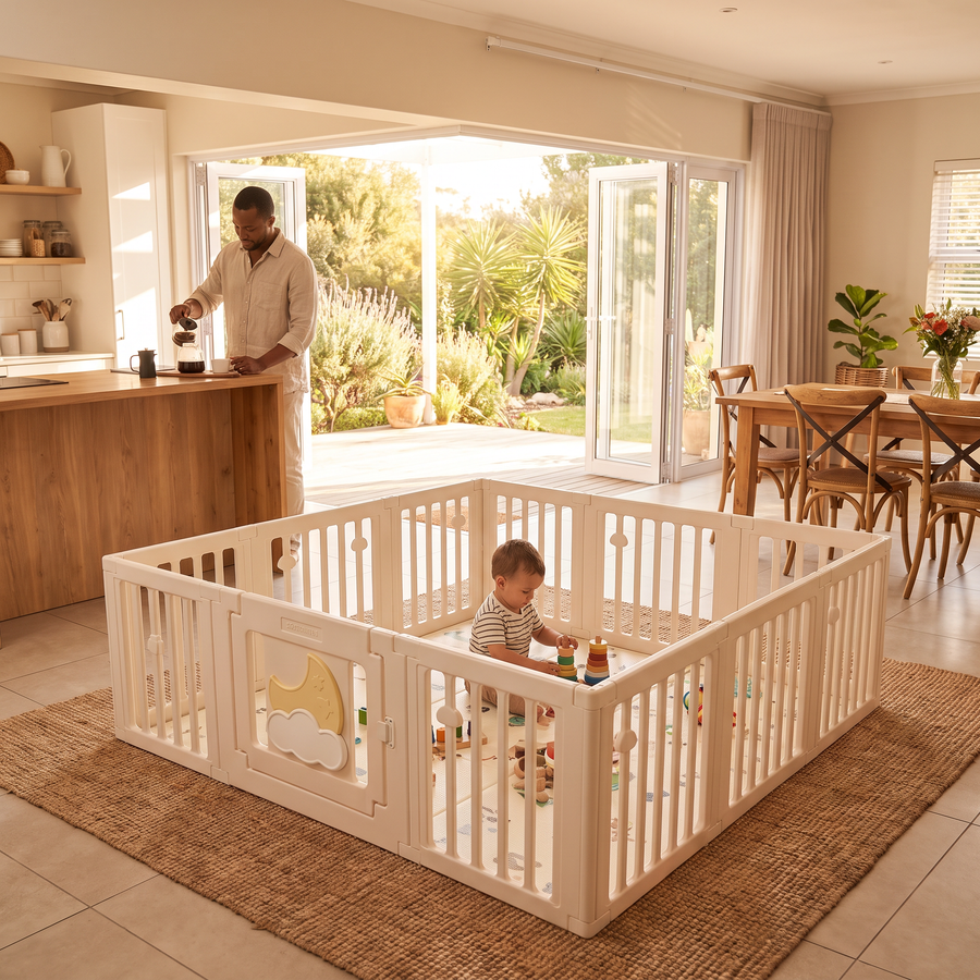 Toddler playing in the Little Moon Playpen in an open-plan family kitchen