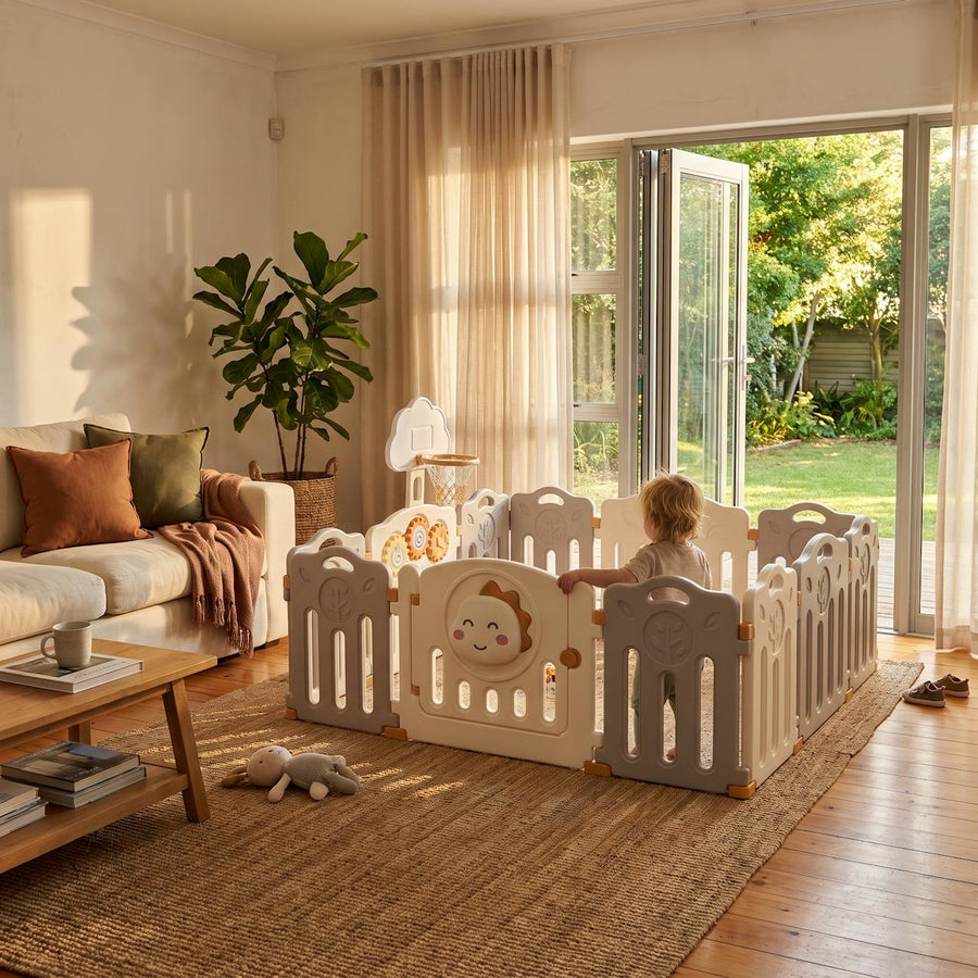 Dino Den Playpen set up in a warm South African family living room with sliding doors onto the garden