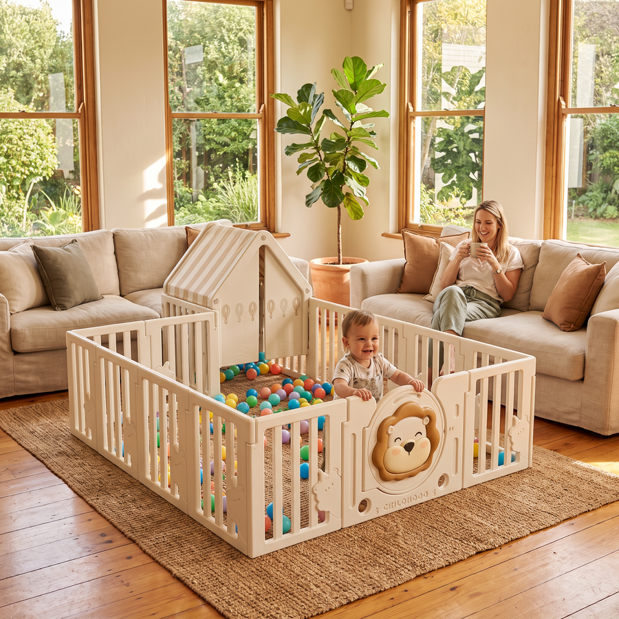 Little Lion Playpen with play balls in a sunny family living room