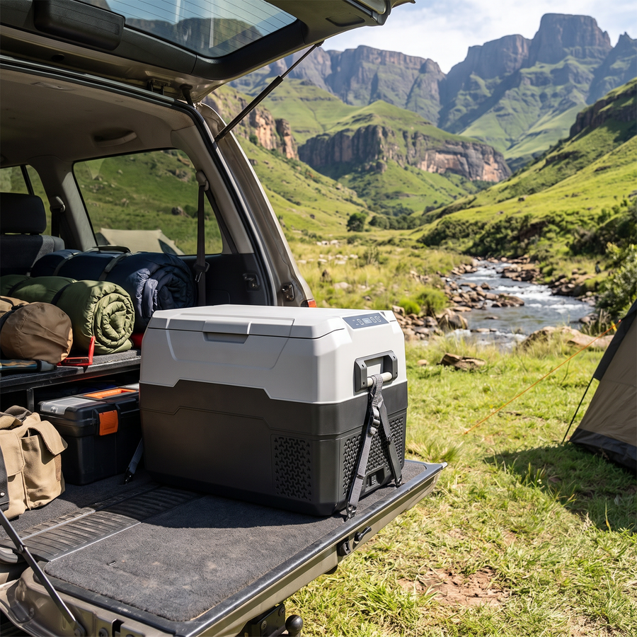 Deadtree ARX30 car fridge in a 4x4 in the Drakensberg