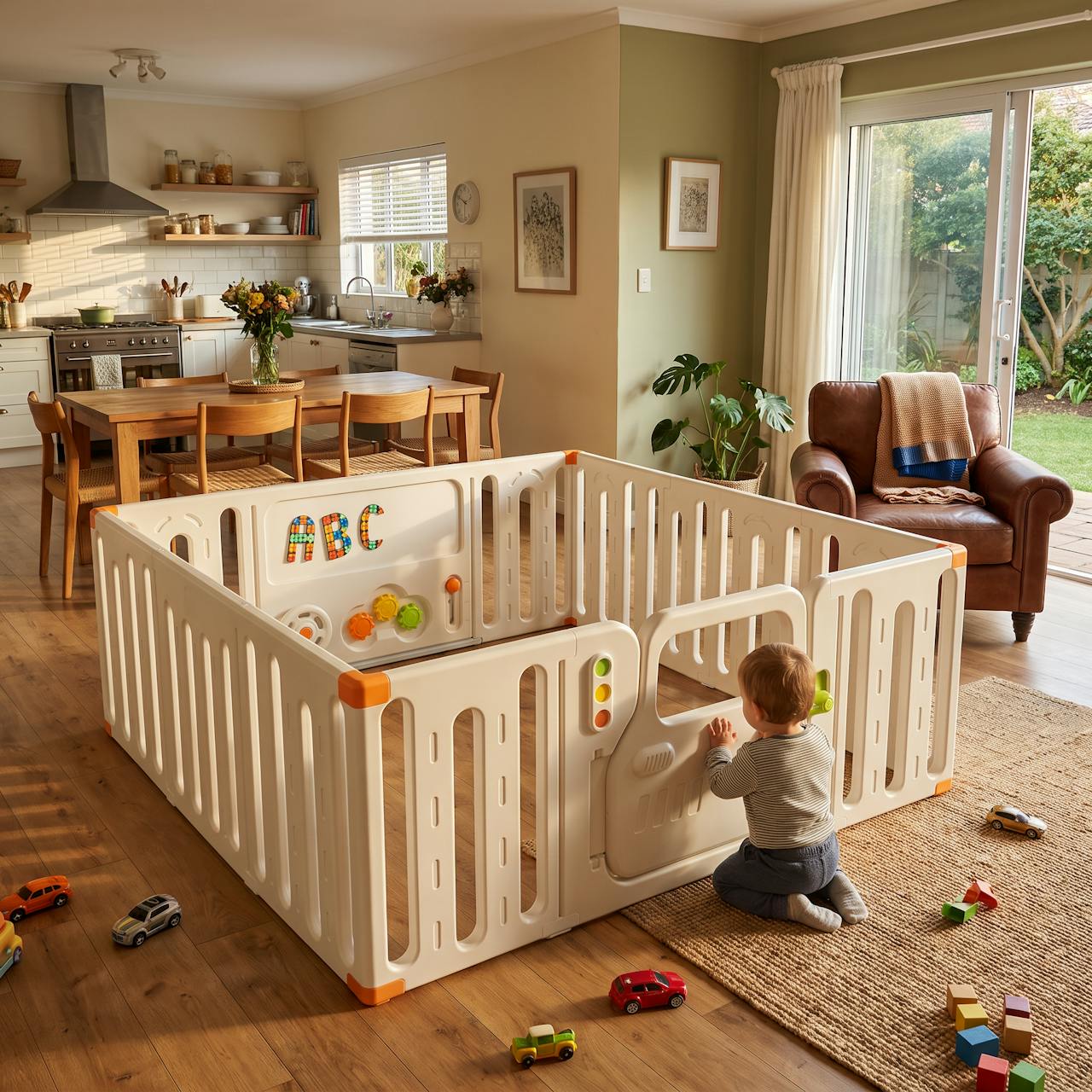 Dream Car Playpen in an open-plan family living and dining space