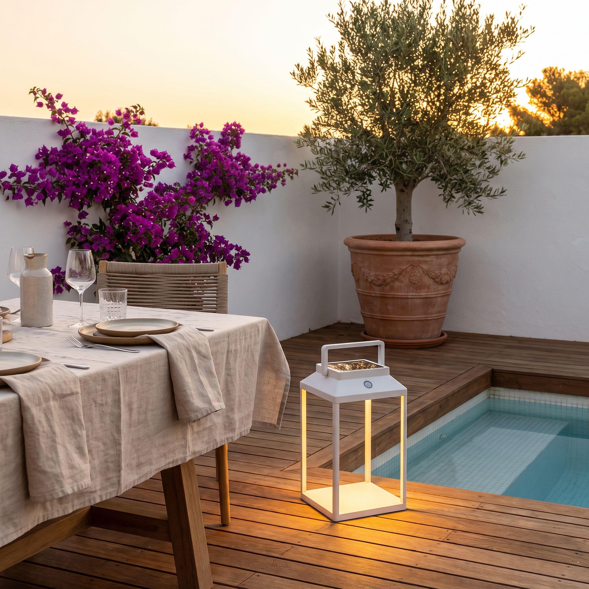 White LunaShine solar lantern on a timber deck beside a plunge pool at sunset