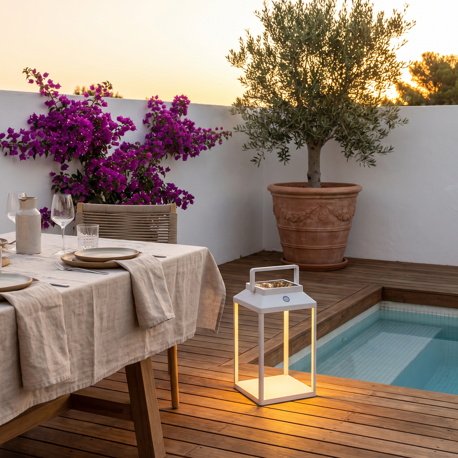 White LunaShine solar lantern on a timber deck beside a plunge pool at sunset