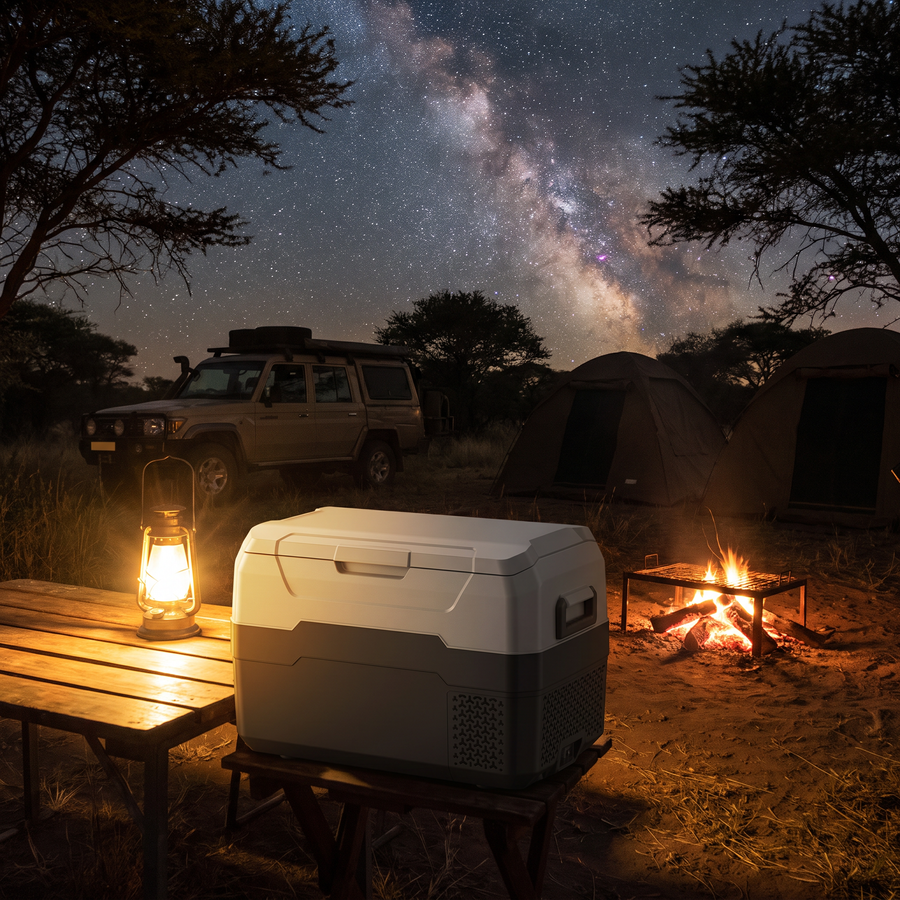 Deadtree ARX30 car fridge at a bush camp under the stars