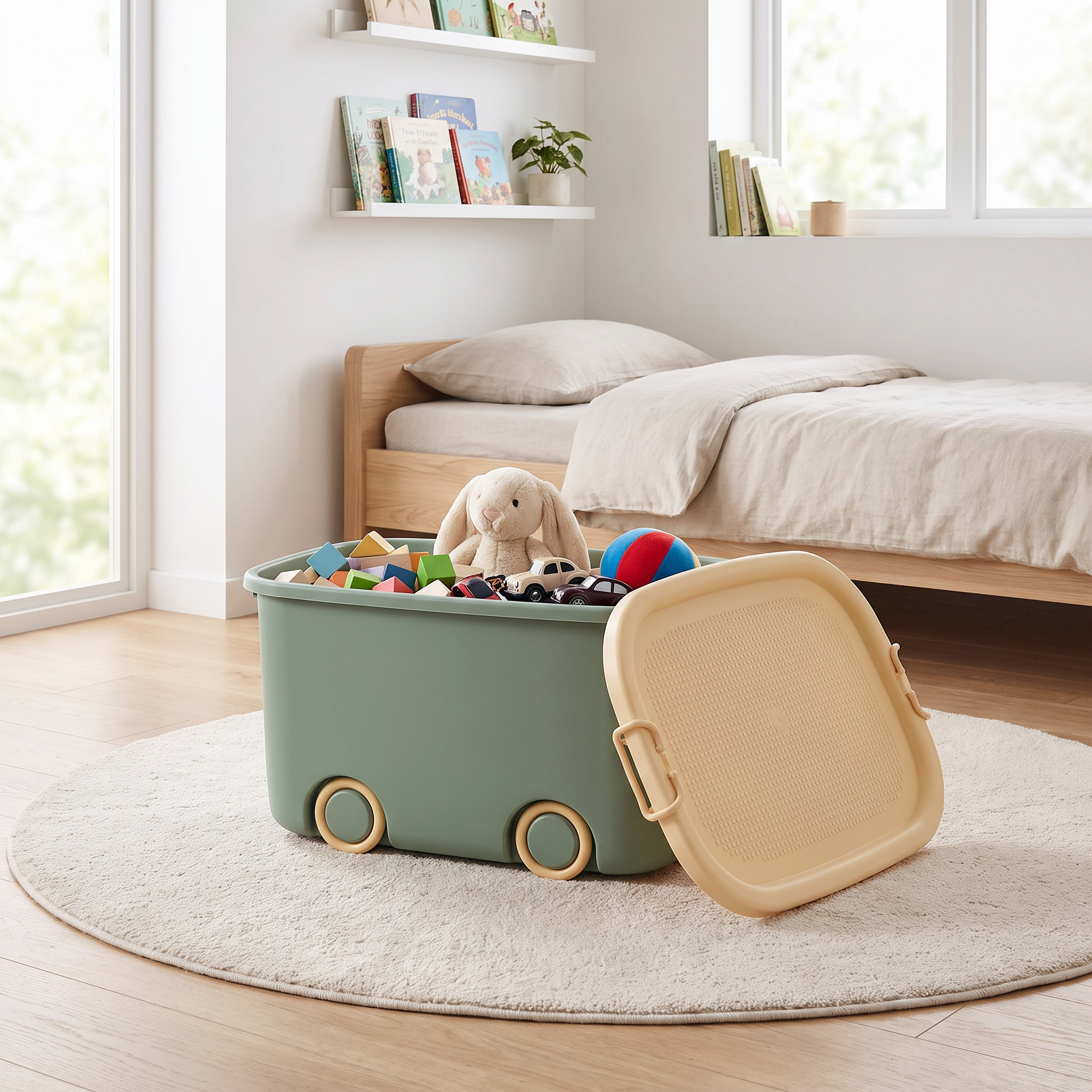 Play Time stackable storage box in green, open and full of toys in a modern kids bedroom