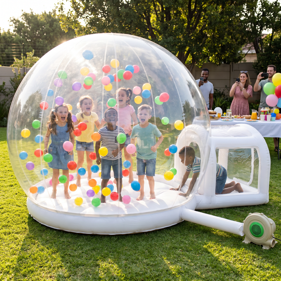 Kids bouncing among balloons inside the 4m bouncy bubble house