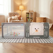 Baby play yard playpen set up in a warm kids room
