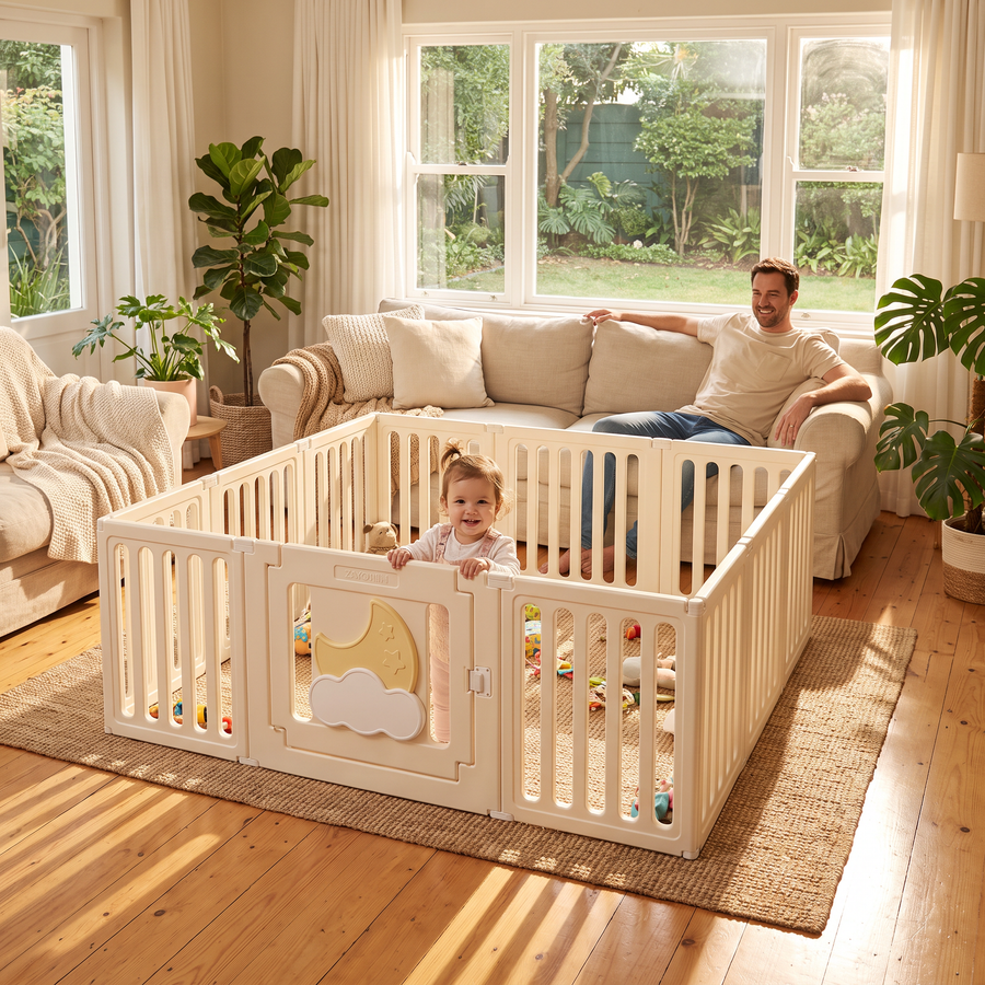 Little Moon Playpen in a sunny family living room with a toddler standing inside