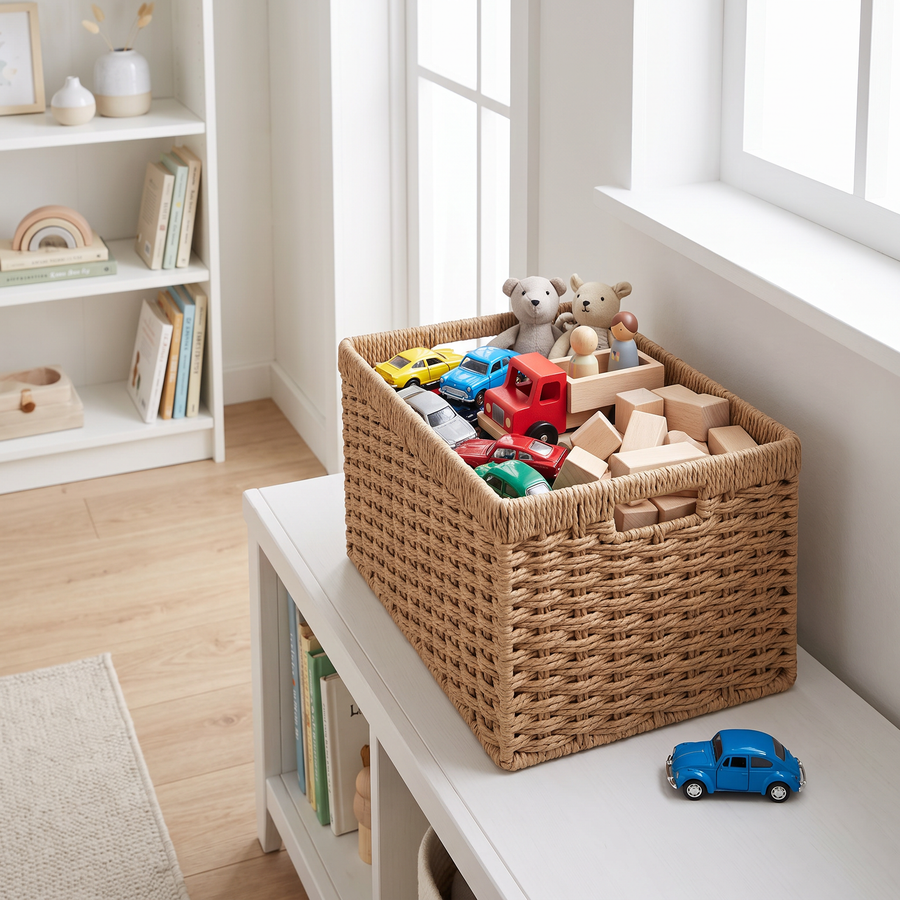Woven wicker storage basket with toy cars and blocks on a playroom shelf